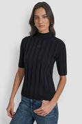 ELBOW SLEEVE WIDE RIB MOCK NECK WITH LOGO PATCH