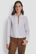 ZIP FRONT FITTED POPLIN LONG SLEEVE SHIRT WITH CHEST