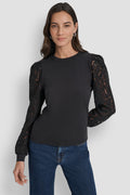 LACE PUFF LONG SLEEVE CREW NECK TEE
