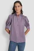 PUFF SLEEVE COLLARLESS SHIRT