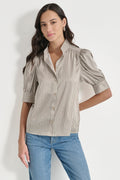 PUFF SLEEVE COLLARLESS SHIRT