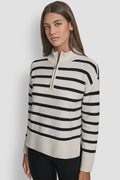 LONG SLEEVED 1/4 ZIP COLLAR STRIPED SWEATER