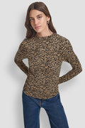 SIDE RUCHED HIGH NECK LONG SLEEVE TOP WITH RHINESTONE