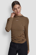 SIDE RUCHED HIGH NECK LONG SLEEVE TOP WITH RHINESTONE