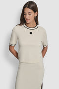 CROPPED COLOR BLOCK ELBOW SLEEVE WITH LOGO PATCH