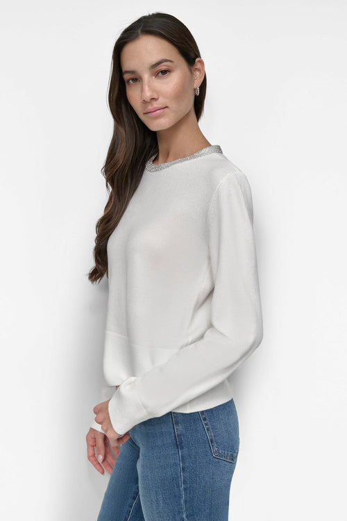 CREW NECK WITH RHINESTONE TRIM AT NECK