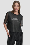 SHORT SLEEVE MESH OVERLAY LOGO KNIT TOP