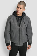 FAUX WOOL BOMBER WITH HOODED BIB